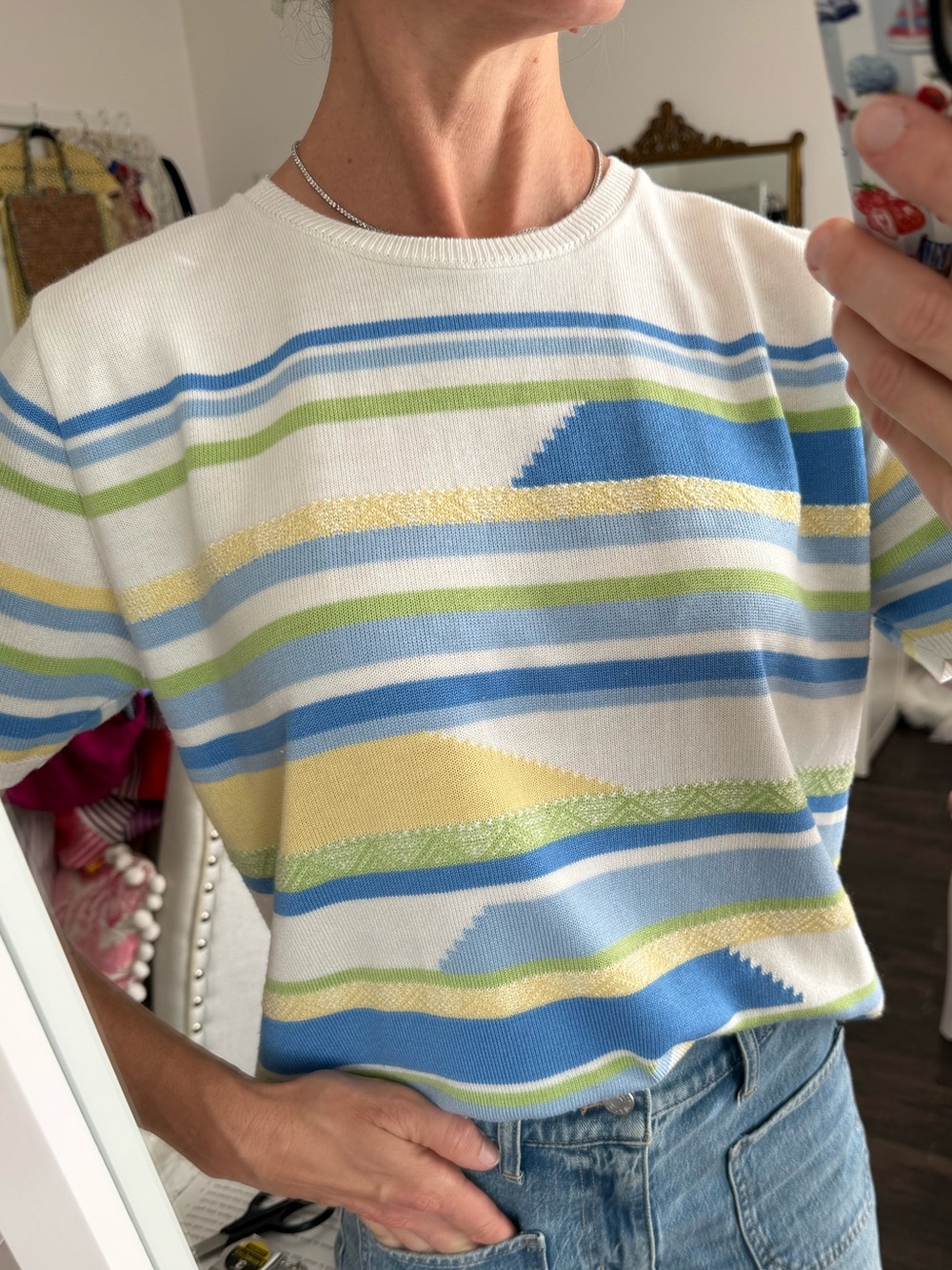 Alfred Dunner Petite Coastal Stripe Sweater Top PM Lime Blue Nautical